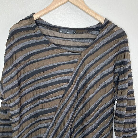 Cut Loose Womens Lagenlook Striped Asymmetrical Brown & Gray Tunic Top Large - Picture 4 of 11